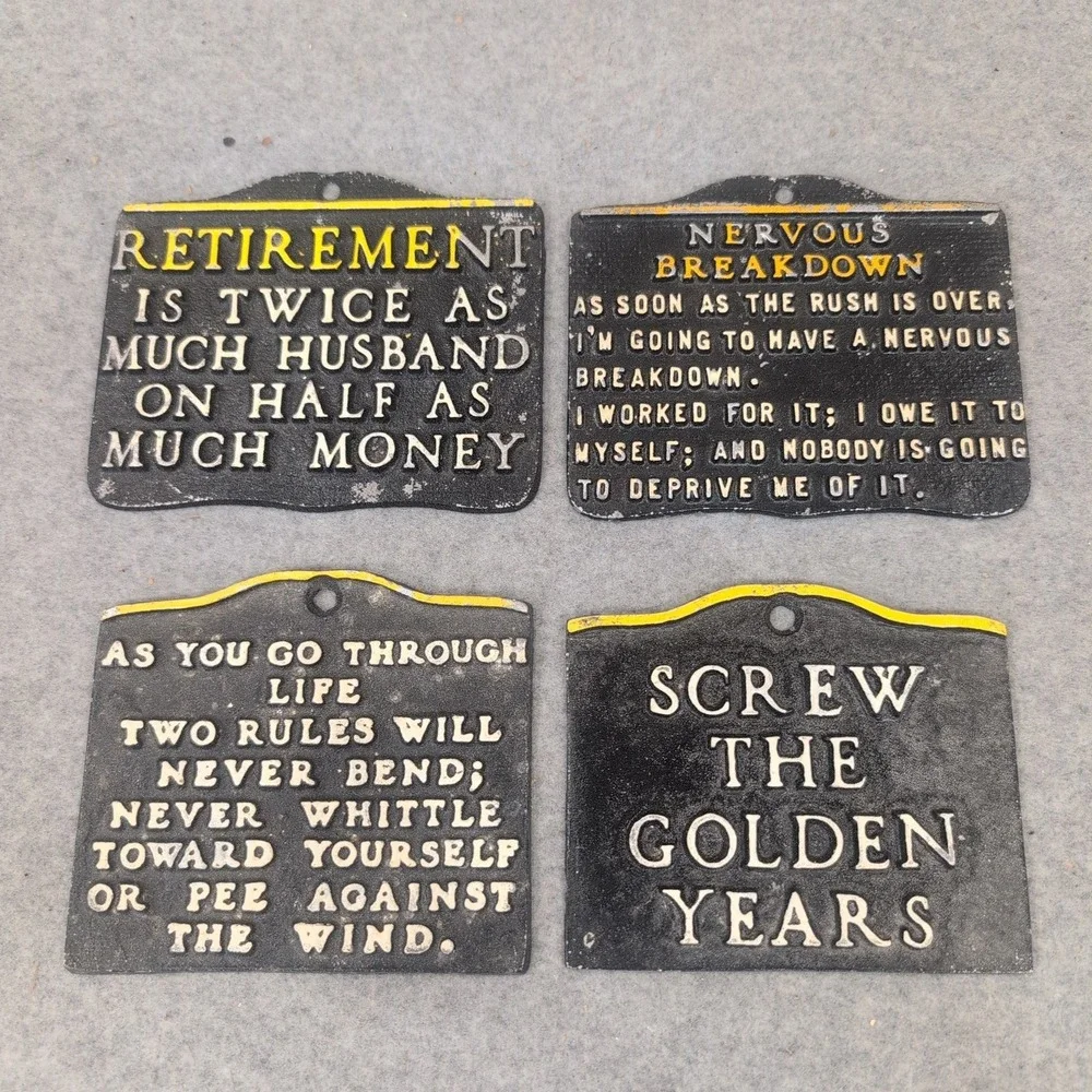 Vintage Cast Metal Retirement Humor Wall Plaques Set of 4 Funny Novelty Signs